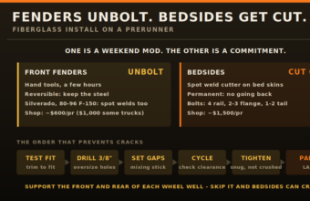 Fiberglass fenders unbolt while bedsides are cut off at the spot welds, with the install order that prevents cracks