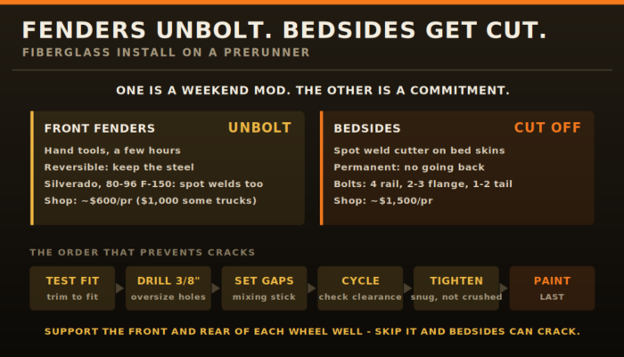 Fiberglass fenders unbolt while bedsides are cut off at the spot welds, with the install order that prevents cracks